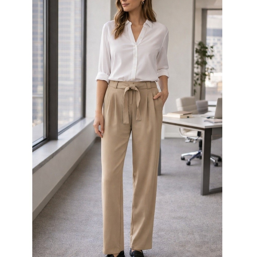 Maeve Anthropologie Tie Waist Pleated Pants Tan Size 6 Petite Business Casual